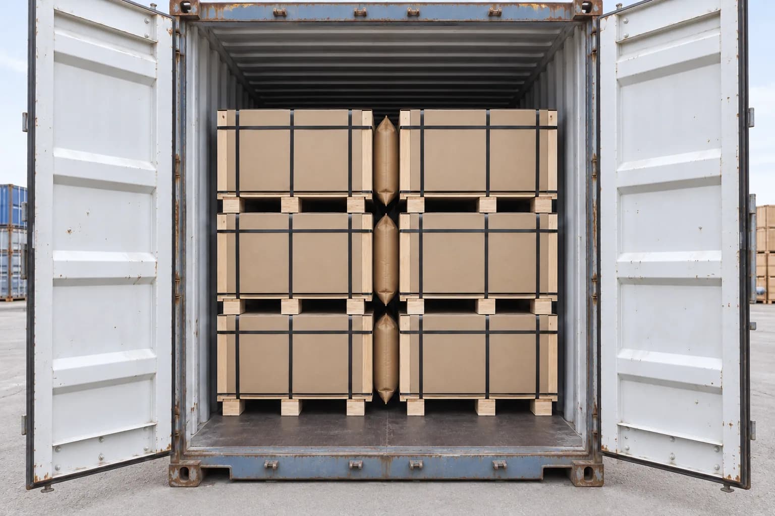 Two columns of narrow flat plywood pallet packs fitted inside a tall freight container with snug dunnage airbags