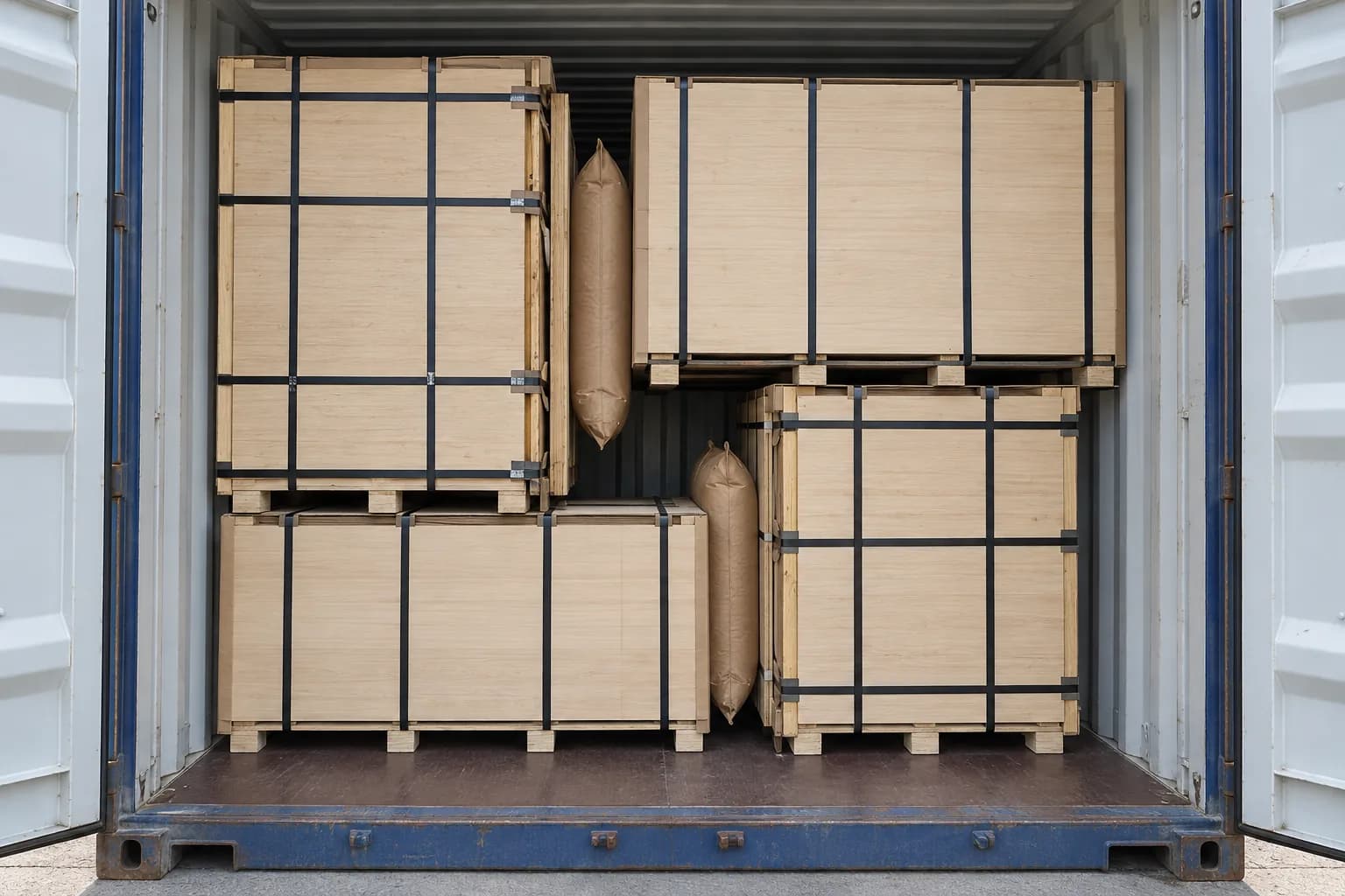 Mixed plywood container load combining flat pallets and side pallets with aligned supports and fitted dunnage airbags