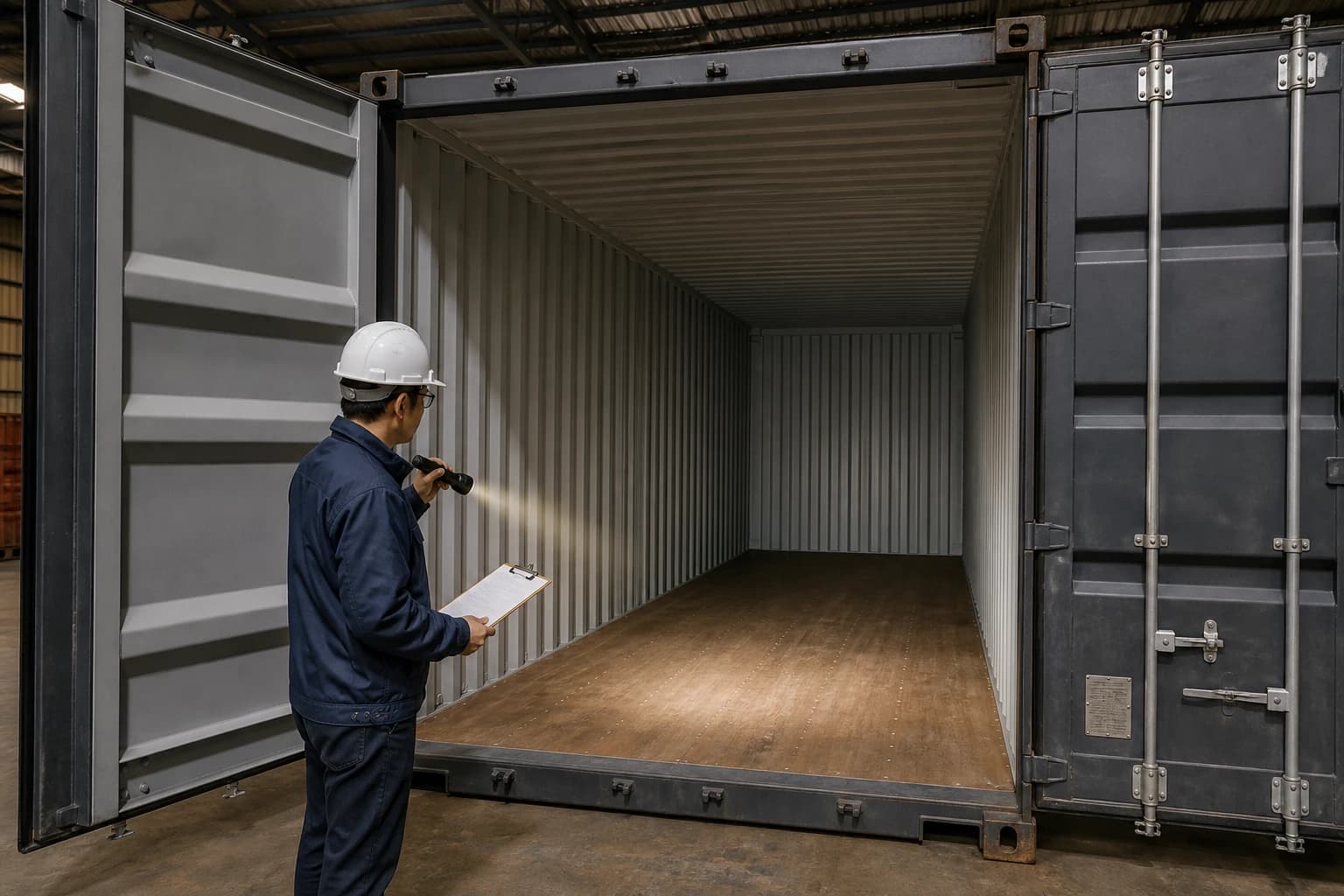 Inspector safely checking the clean floor, walls, roof and open rear doors of an empty general-purpose freight container