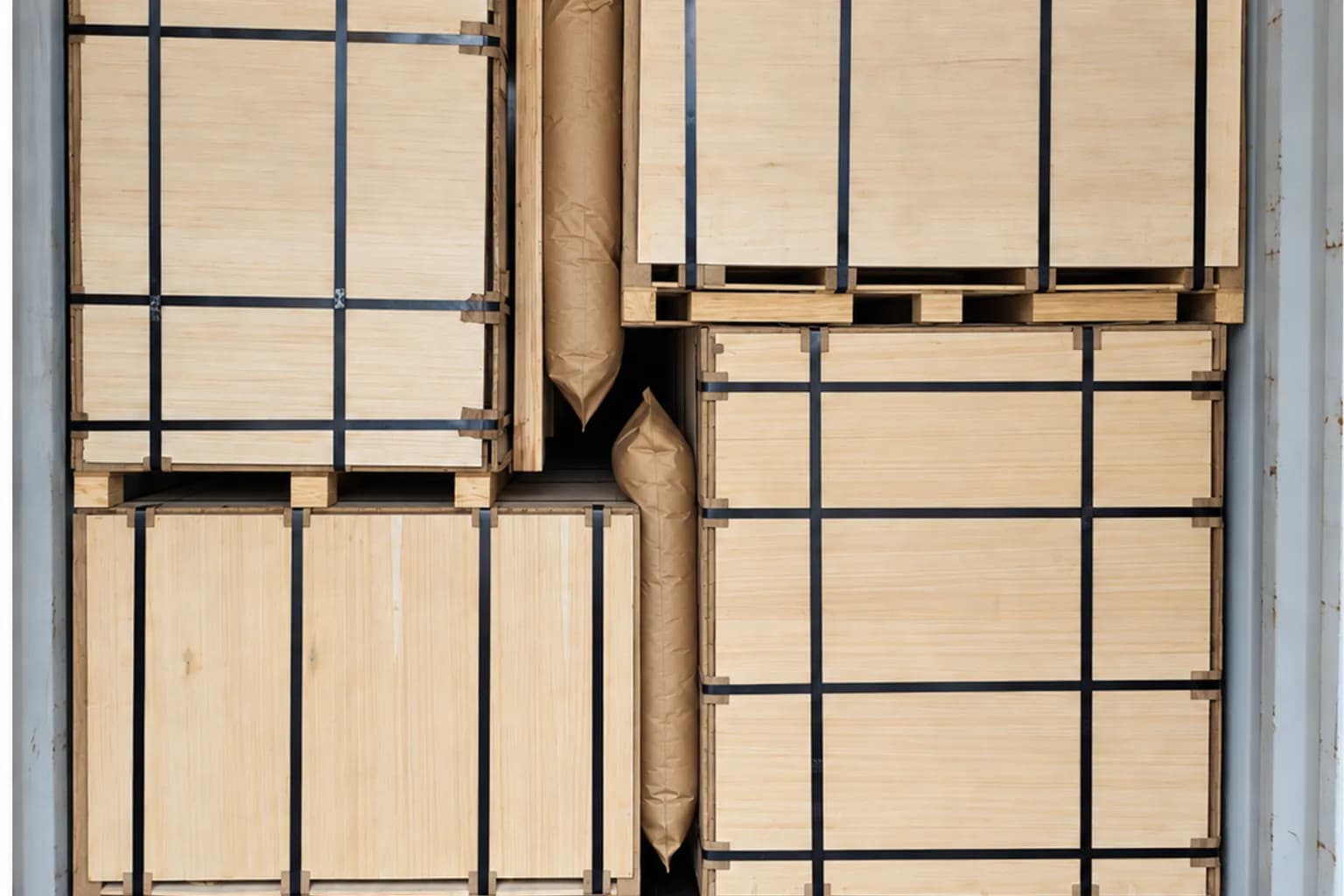 Mixed flat and side plywood pallet packs fitted inside a freight container with separated pallet feet and snug dunnage airbags in the remaining voids