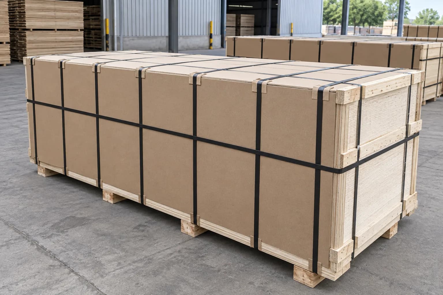 Wide flat plywood export pack protected with packing boards, corner guards, black straps and separated pallet feet in a covered warehouse