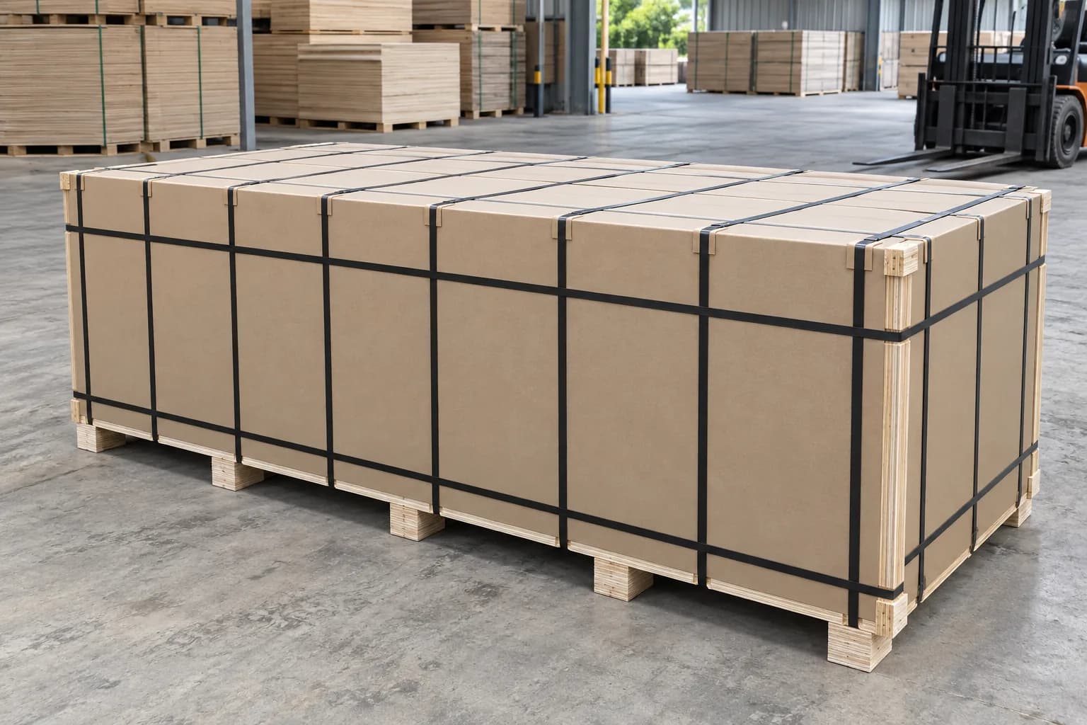 Wide horizontal plywood flat pallet with protective packing boards black straps corner protection and separate pallet feet