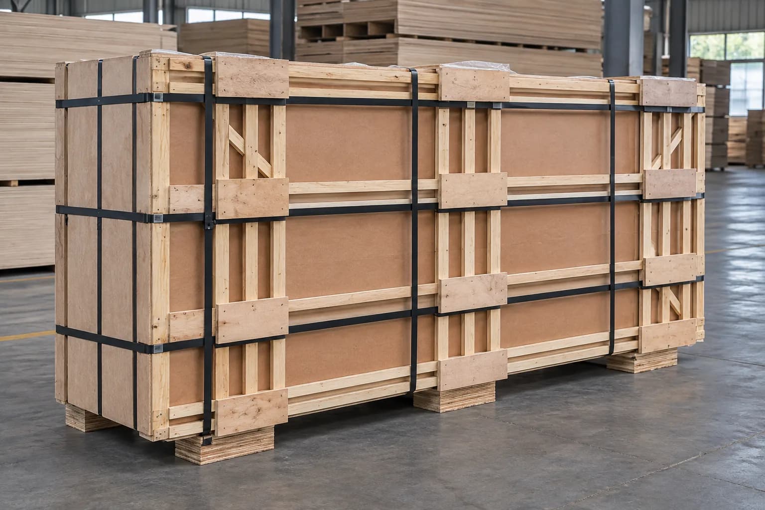 Long low plywood side pallet with timber side frames black straps protective boards and separate pallet feet