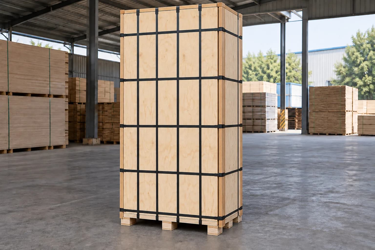 Tall vertical plywood pallet in correct one-to-two face proportion with dense black strap grid protective boards and separate feet