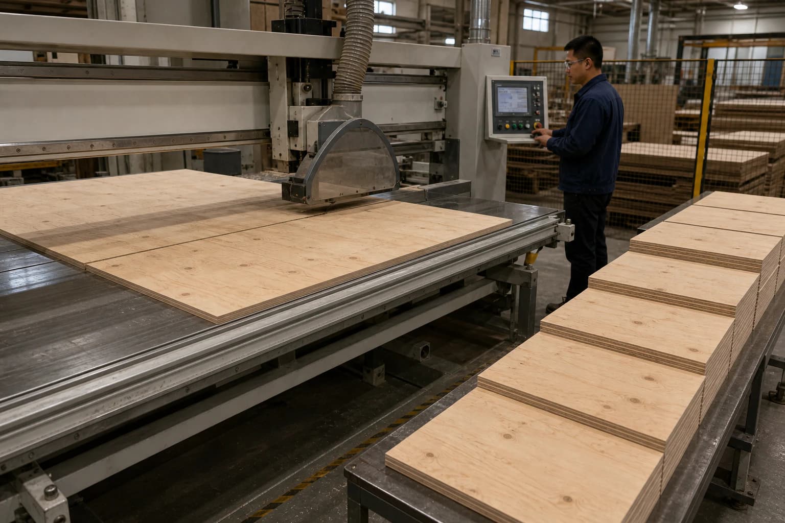 Utility-grade packing plywood sheet fully supported on a panel-saw table beside straight crate-side cut blanks.