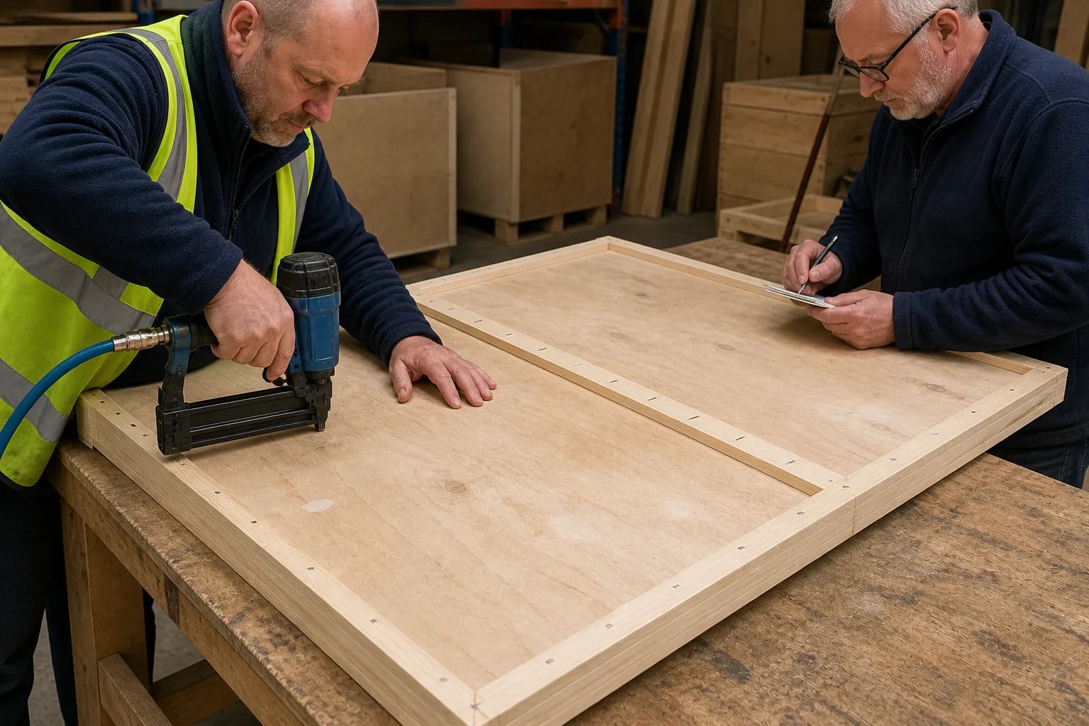 Utility packing plywood fastened to a supported timber frame with straight fastener rows aligned over the battens.