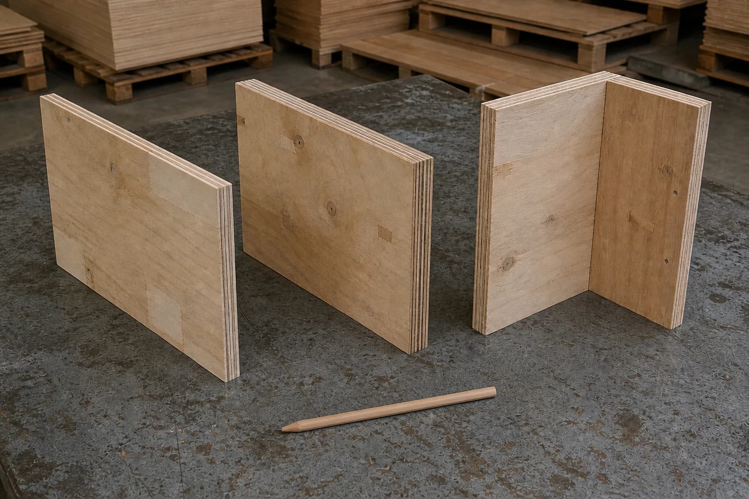 Saleable utility-grade packing plywood samples showing natural face repairs, coherent veneer edges and a practical corner trial on an industrial inspection table.
