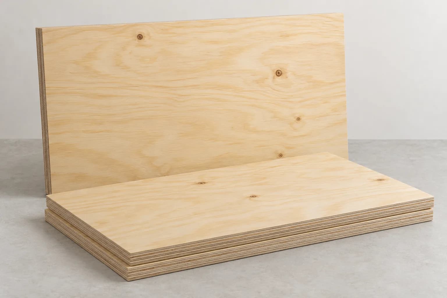 Pine plywood panels with golden grain, small knots and layered cut edges