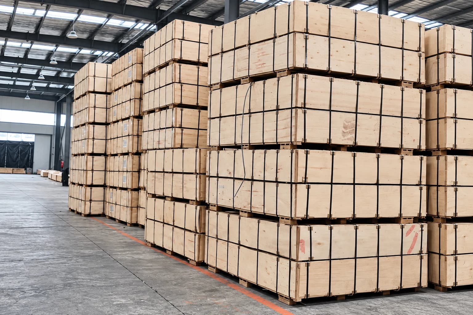 Stacked plywood export packages stored in a warehouse aisle.
