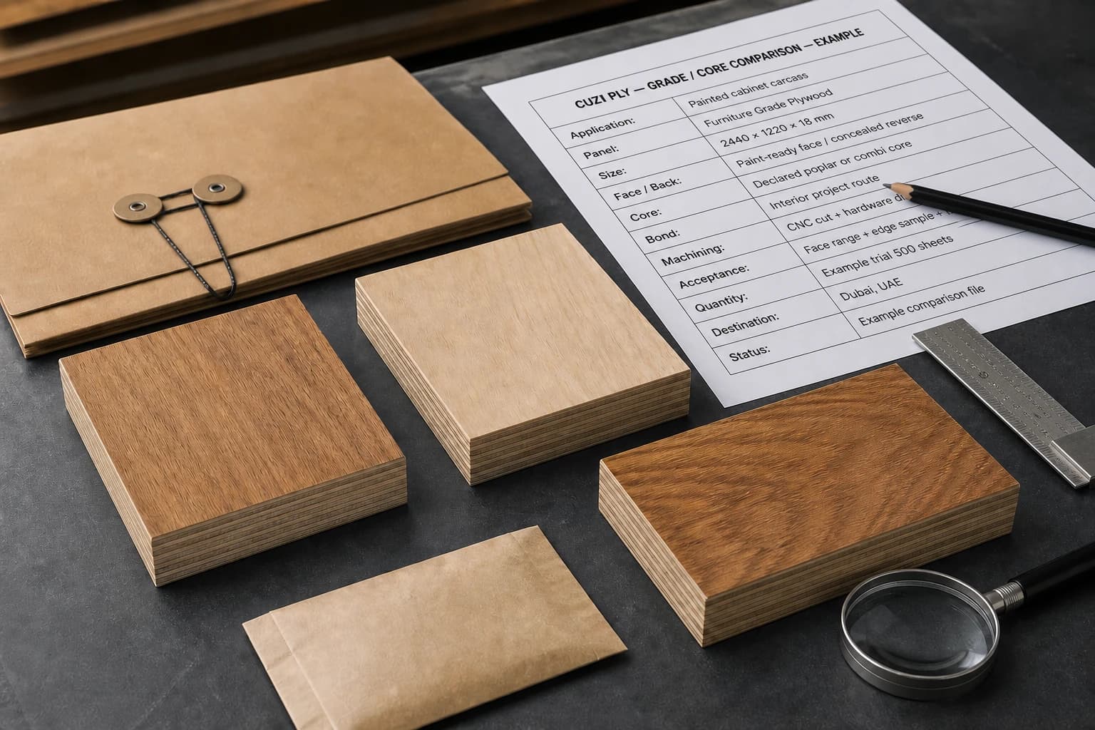 Three plywood comparison samples beside a completed example grade and core comparison sheet, ruler, folder and magnifier