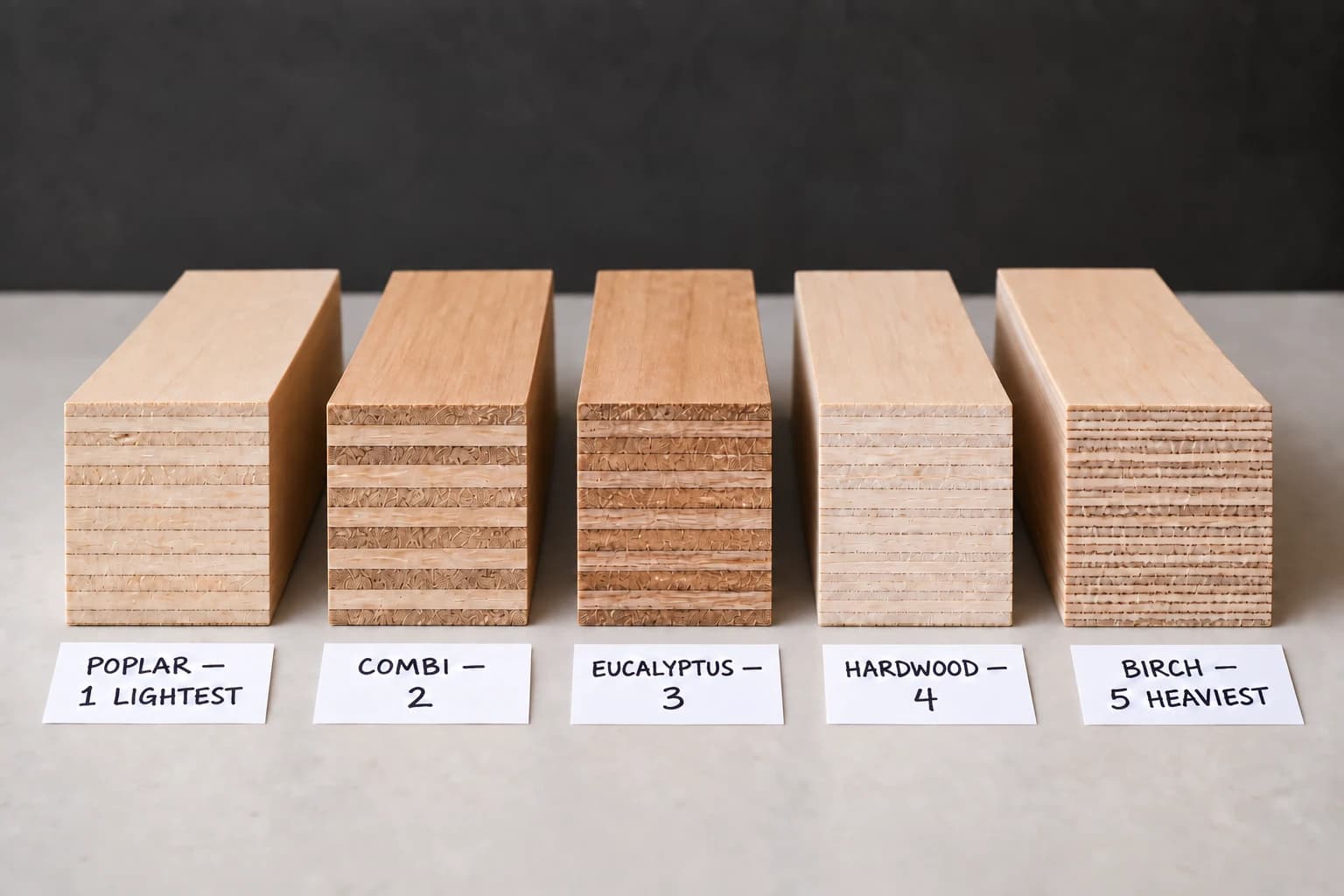 Five thinner plywood core samples with handwritten paper labels ordering poplar, combi, eucalyptus, hardwood and birch by relative weight