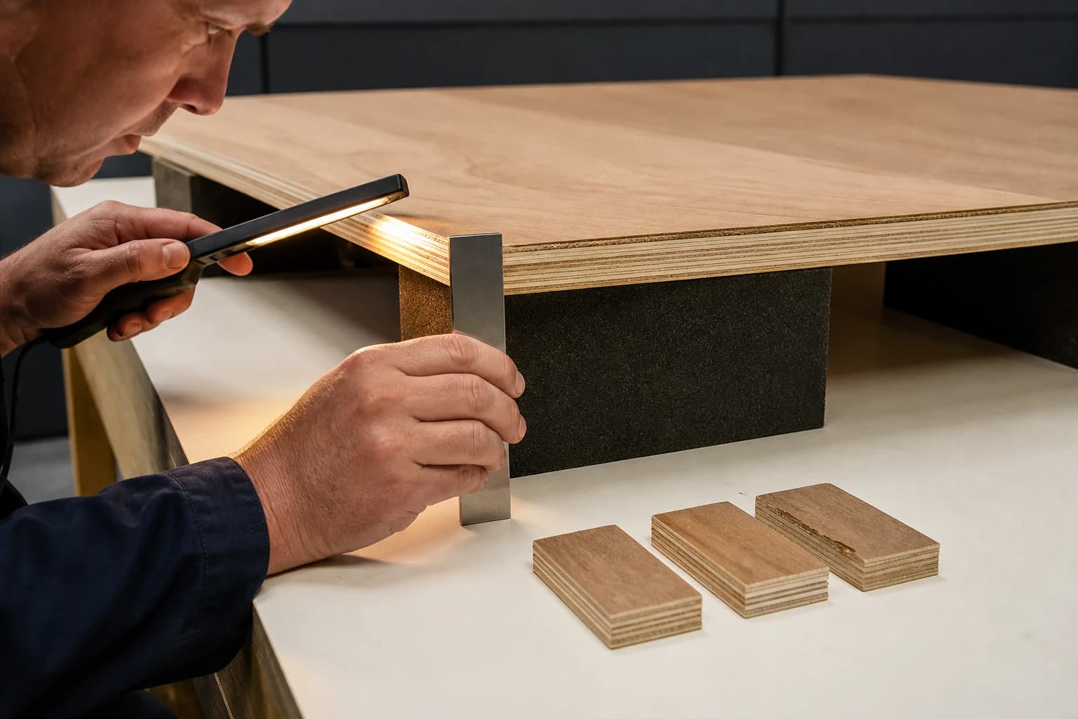 Technician inspecting plywood edge layers with a light and straight reference tool