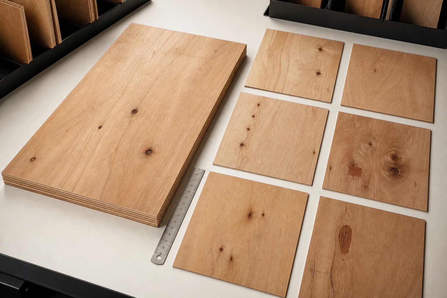 Plywood face and back samples arranged beside a full panel and steel rule for appearance comparison