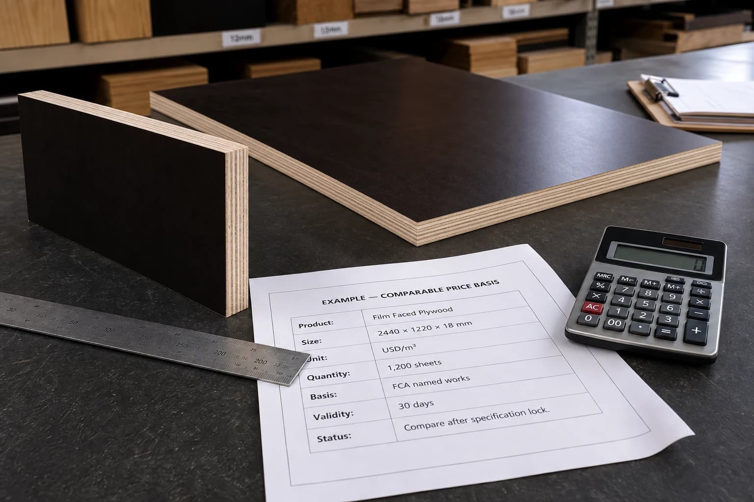 Thin film-faced plywood panel and upright edge sample beside a ruler, calculator and sheet-price comparison