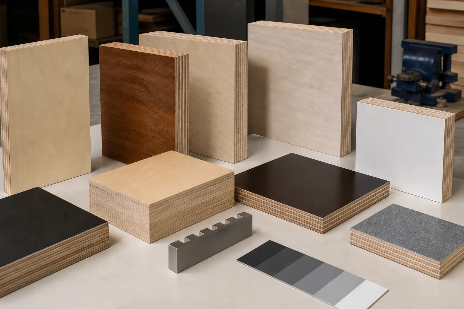 Plywood face, core, film, melamine and textured surface samples arranged for material cost comparison