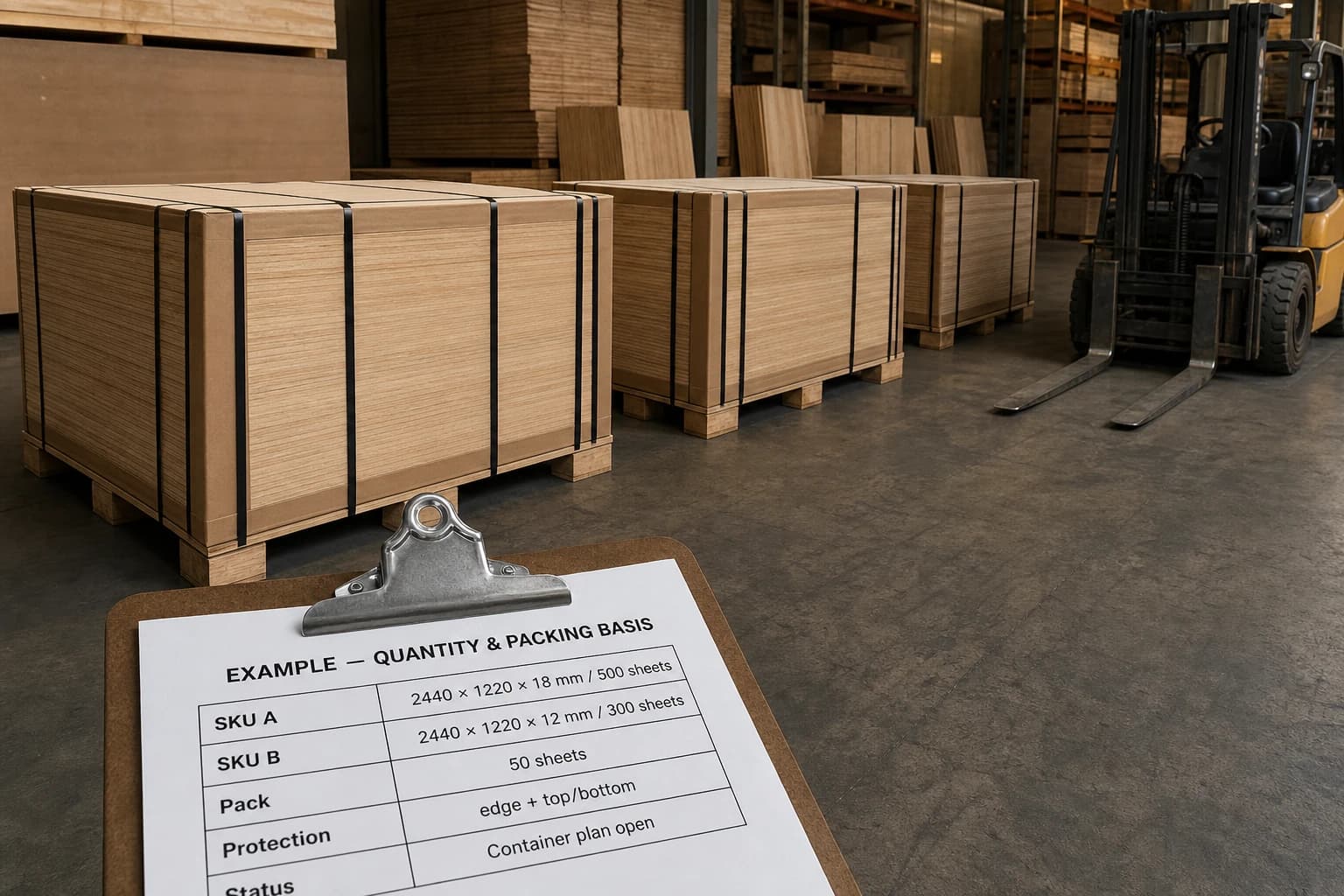 Export plywood packs and forklift beside a packing and quantity worksheet