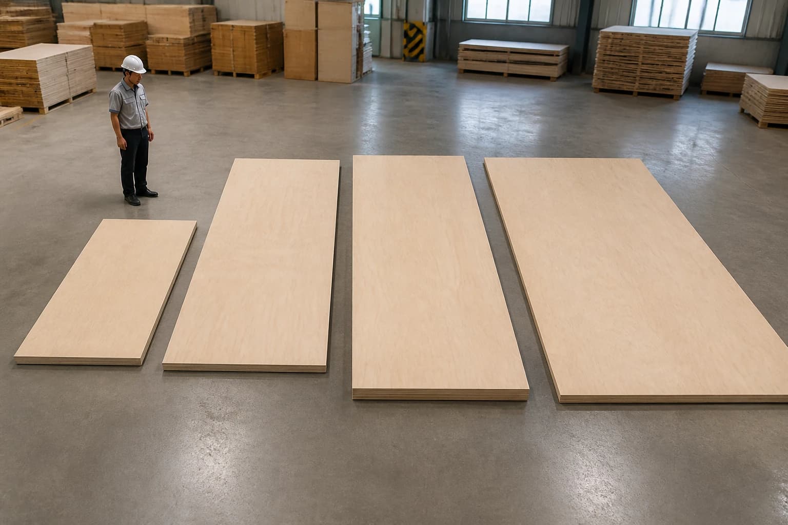 Four flat plywood panels with different conventional and oversize proportions arranged on one level industrial inspection floor