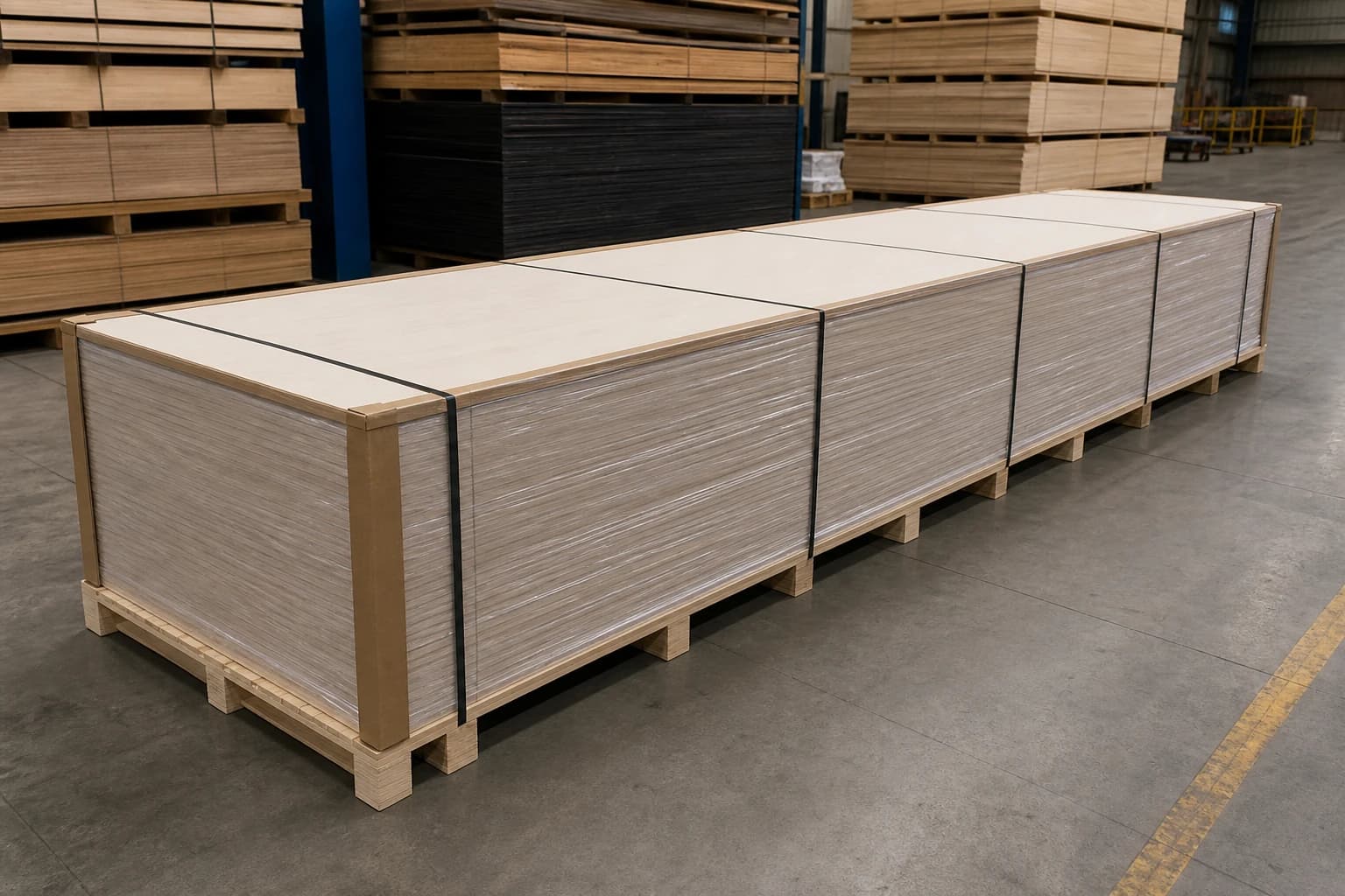 Long oversize plywood pack fully supported by a footprint-length base with aligned bearers, edge protection and parallel straps