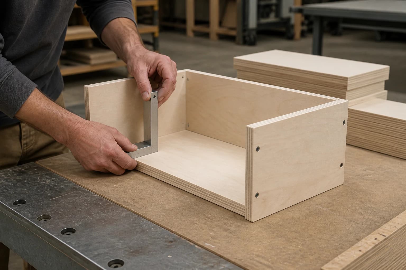 Lightweight poplar plywood cabinet component assembled at square with coherent exposed layered edges