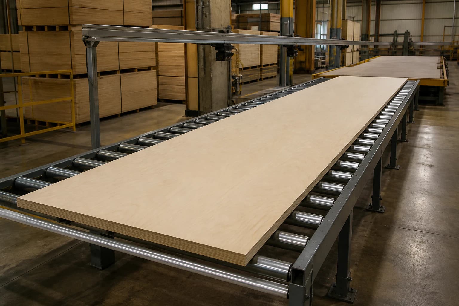 Long poplar plywood panel fully supported on a level roller table