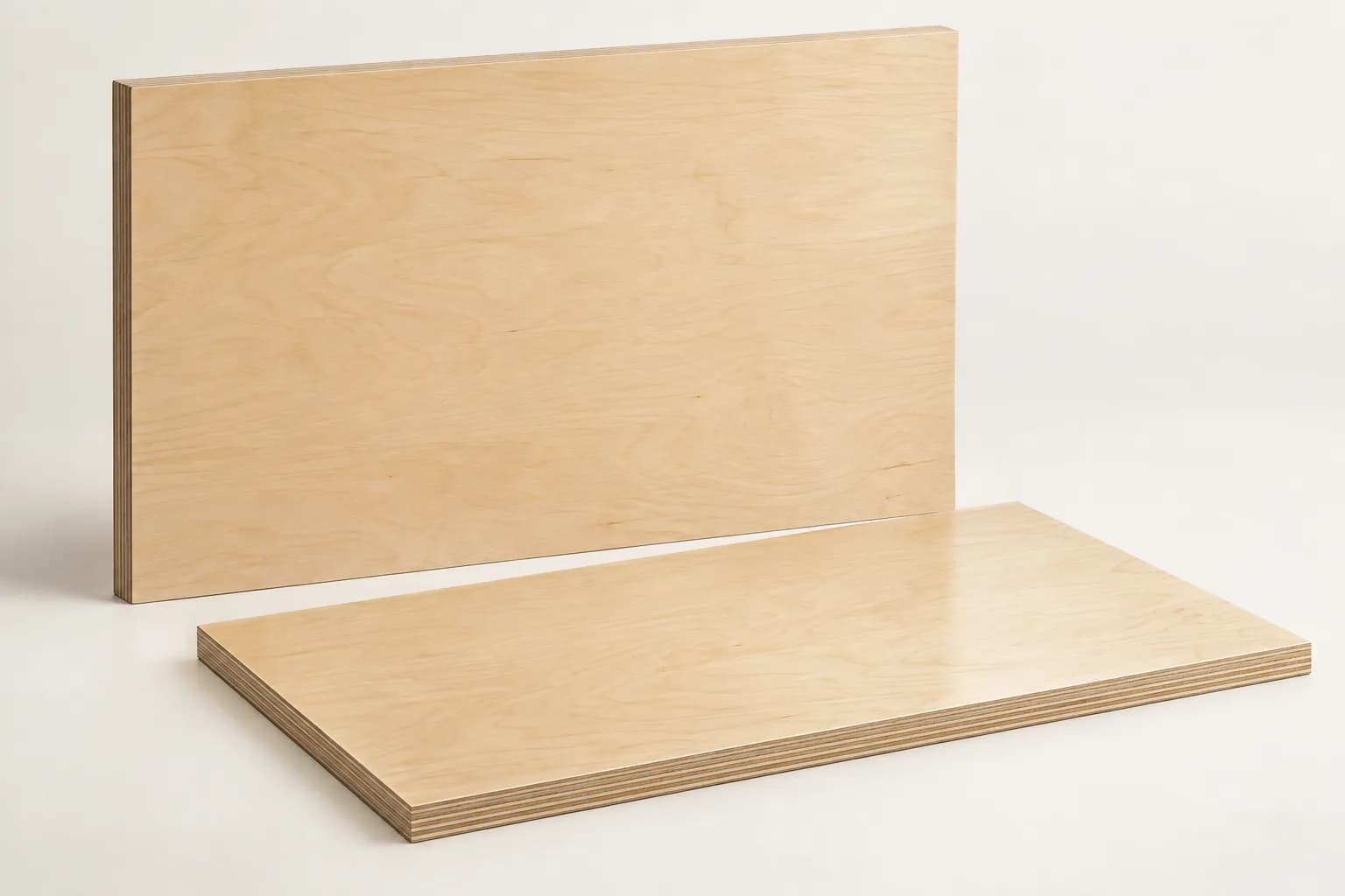 Pale birch-faced plywood panels with clear satin-finished wood grain and layered cut edges
