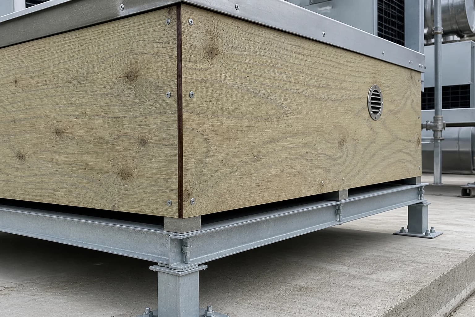 Above-ground plywood service enclosure with thin sealed cut edges drainage gap washers and complete galvanized support