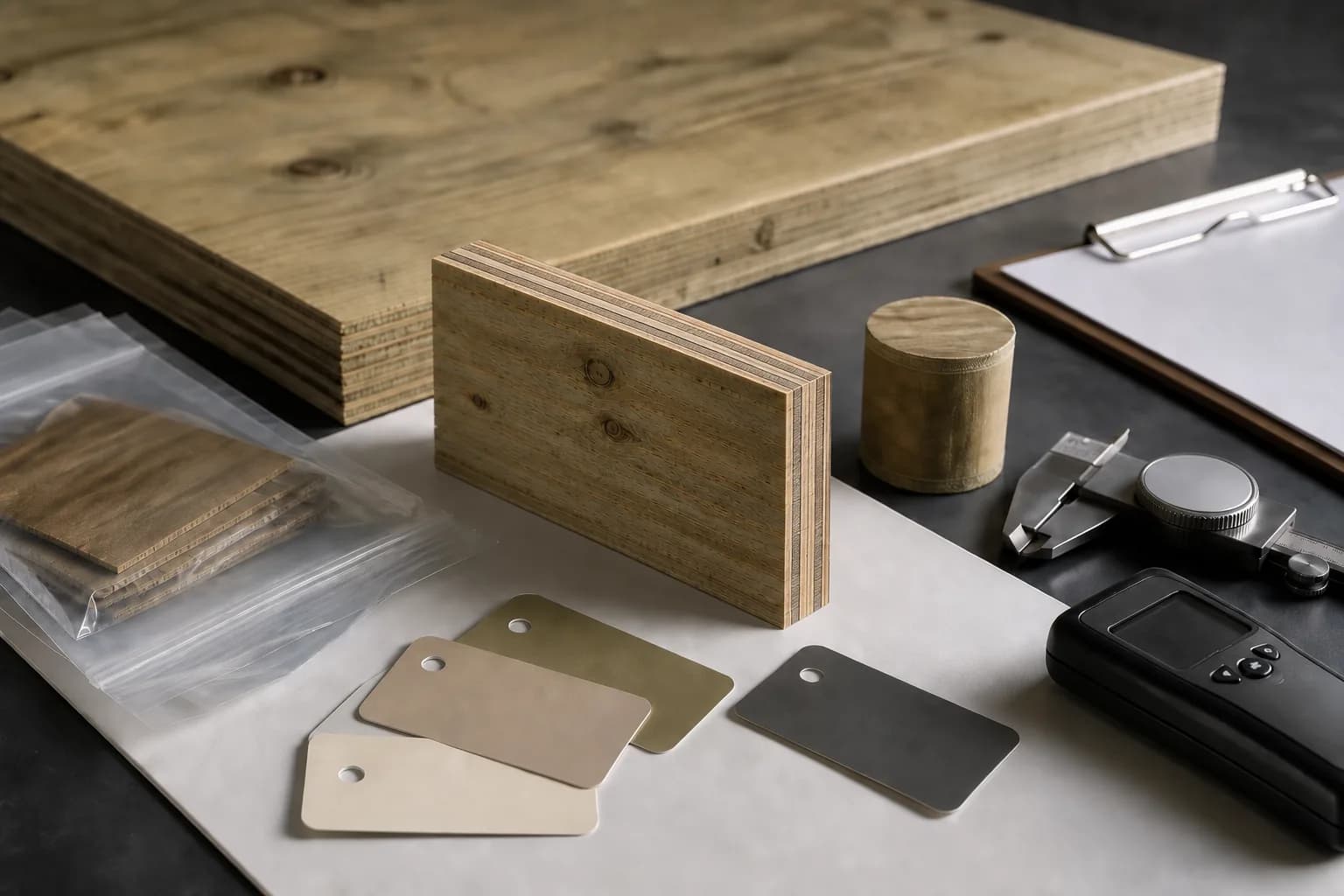 Pressure-treated plywood sample set with an upright coupon showing a physically consistent cross-laminated veneer lay-up across its top and narrow edge beside inspection tools