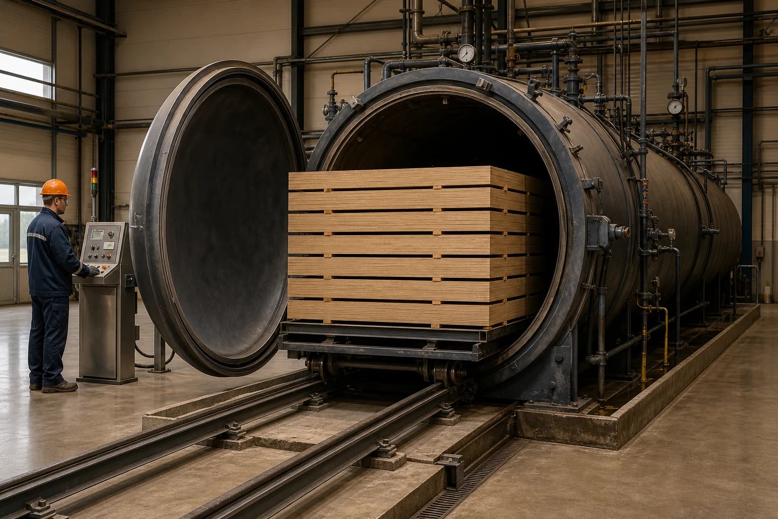 Horizontal pressure treatment vessel with open sealed door and supported plywood stack on a rail trolley