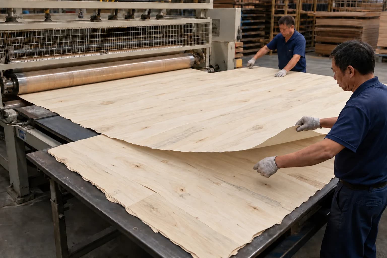 Workers handling thin, naturally irregular pale poplar veneer beside a guarded glue spreader