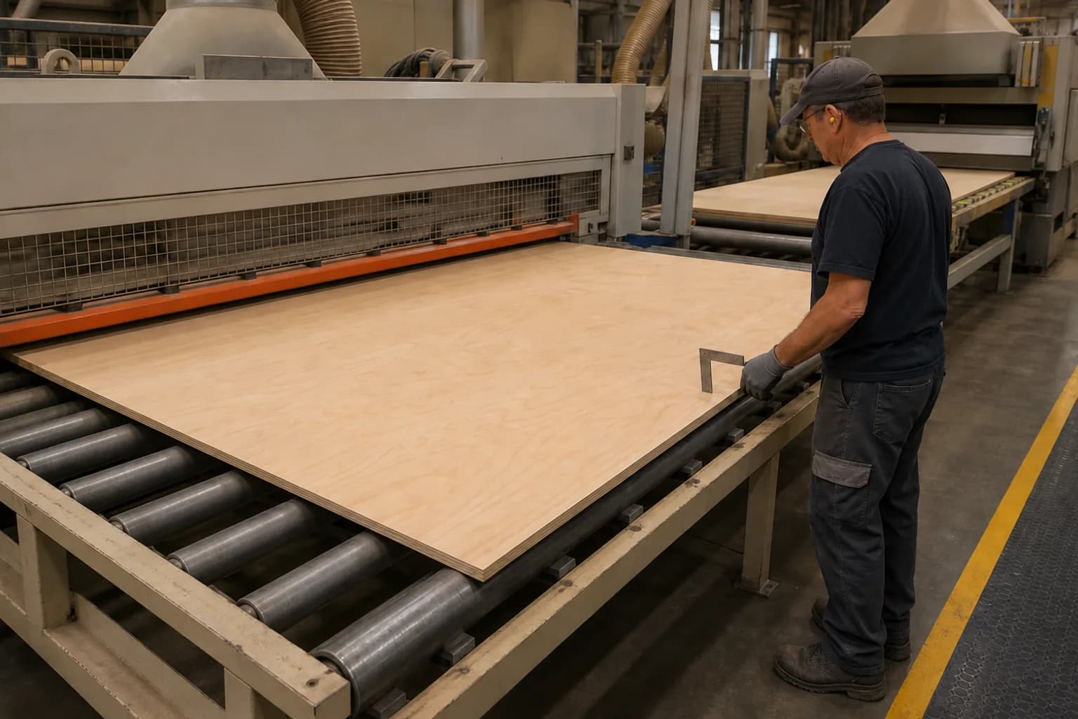 Thin plywood panel supported on a level roller line between trimming and sanding stations while an operator holds a metal square