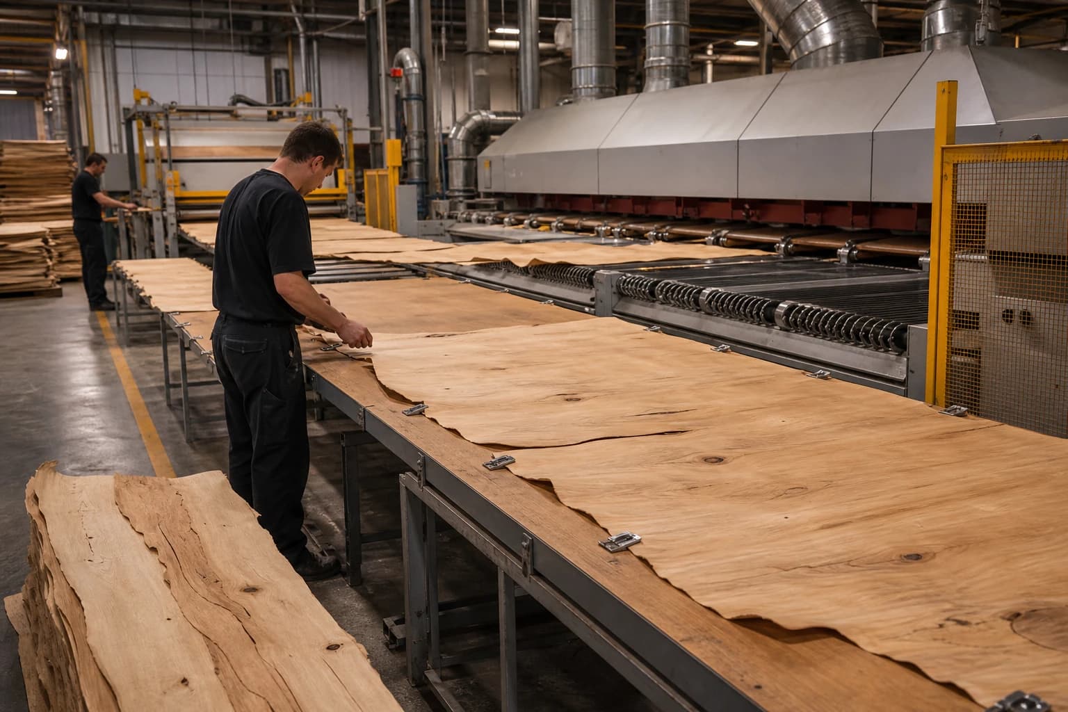 Thin natural veneer sheets clipped and sorted on a supported preparation table beside an aligned continuous veneer dryer