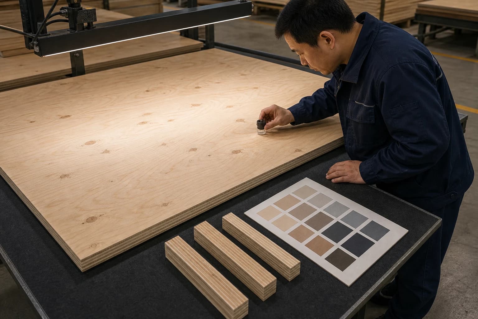 Inspector examining a fully supported plywood face with a loupe beside coherent cross-section samples and an unlabelled appearance reference board