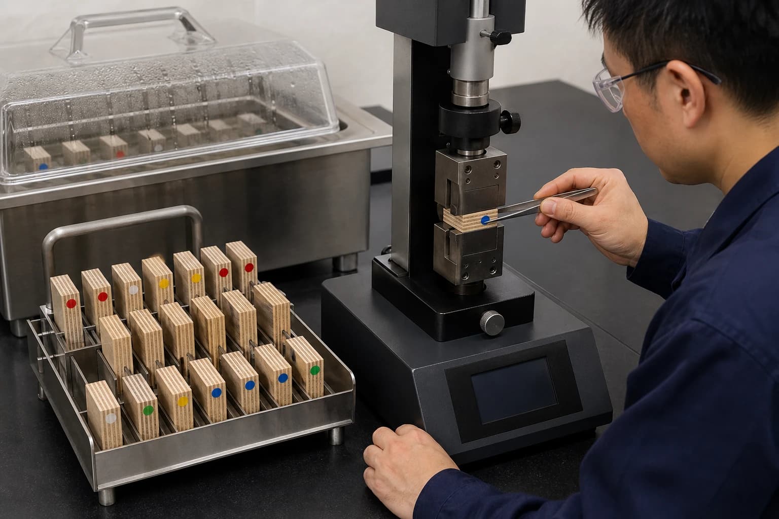 Laboratory technician positioning an identified plywood coupon in a controlled bond-test fixture beside conditioned specimens