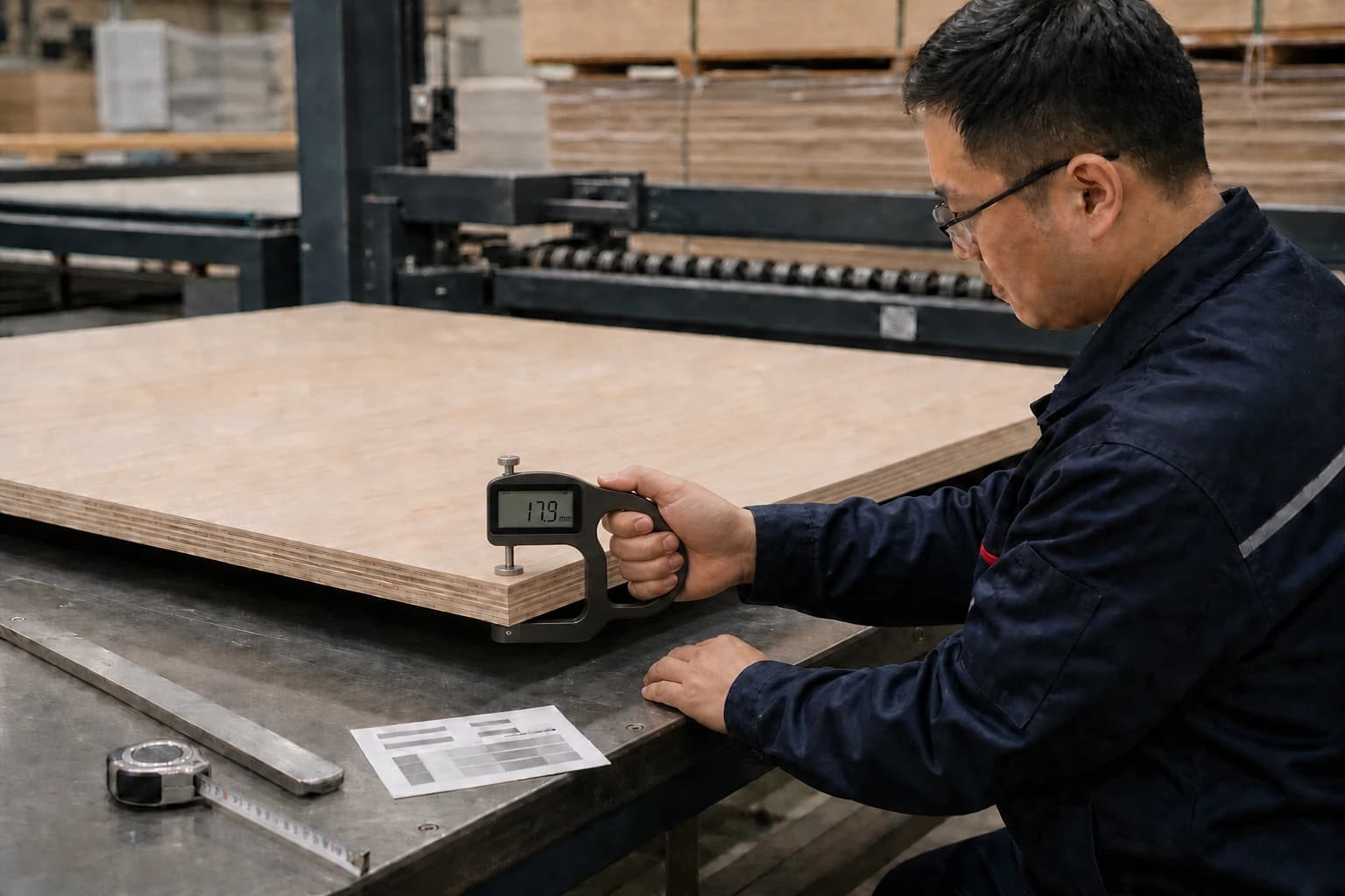 Quality inspector using a C-frame digital thickness gauge with aligned opposing anvils contacting both faces of a supported plywood panel and a 17.9 mm example readout