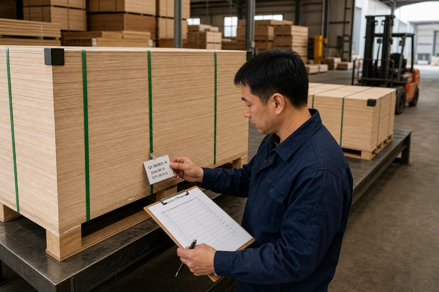 Inspector matching an internal lot tag and neutral checklist to a stable strapped plywood pack in a warehouse