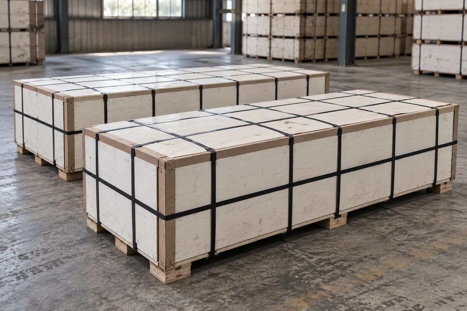 White protective plywood bundles on wooden runners with complete black cross-strapping and corner guards