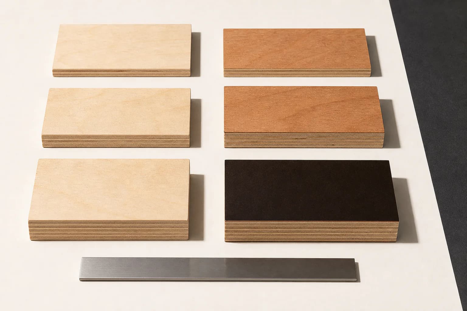 Plywood specification samples showing different face materials, core constructions and working surfaces