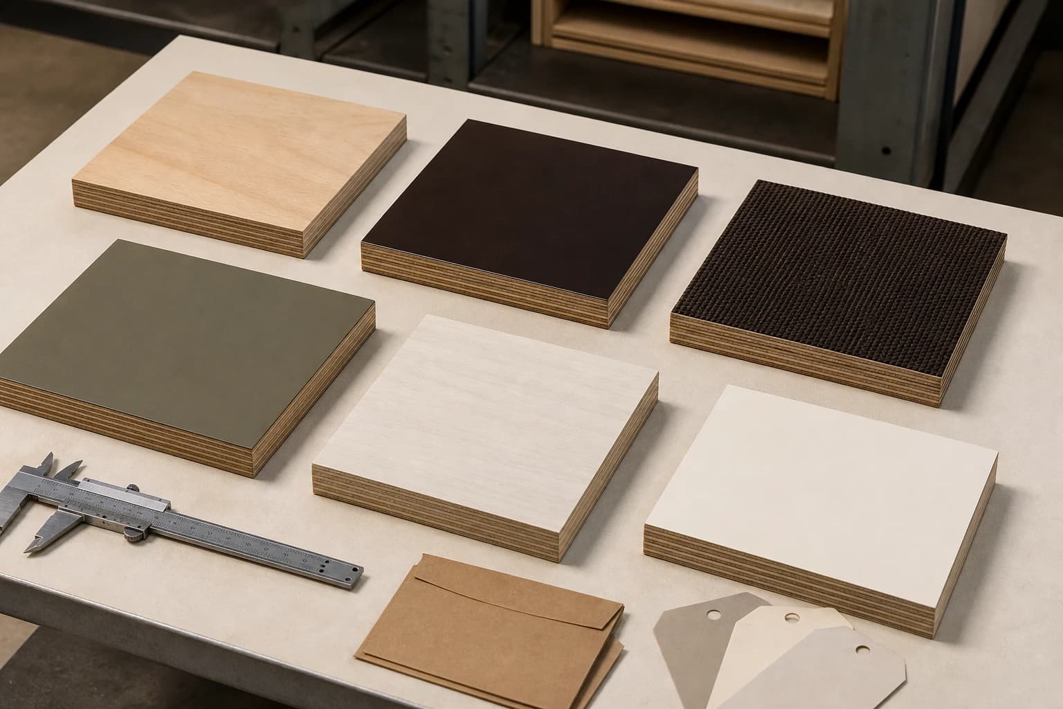 Six plywood surface and core sample families arranged on a technical routing bench with a caliper and blank sample tags