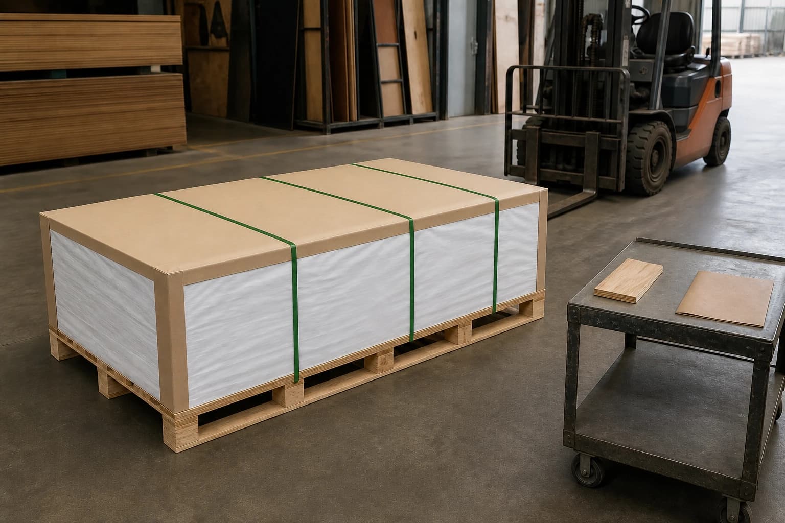 Protected plywood pack with three straight straps beside a sample trolley and parked forklift in a warehouse next steps area