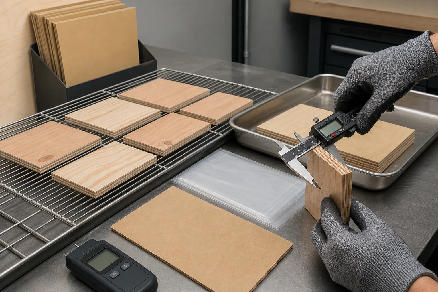 Plywood specimens on a conditioning rack while gloved hands measure one panel edge with a digital caliper
