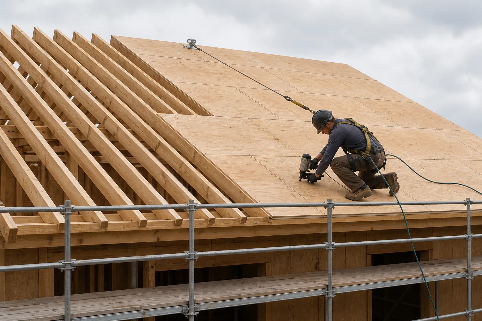 Plywood roof sheathing installed over a supported timber roof frame with scaffold and fall protection