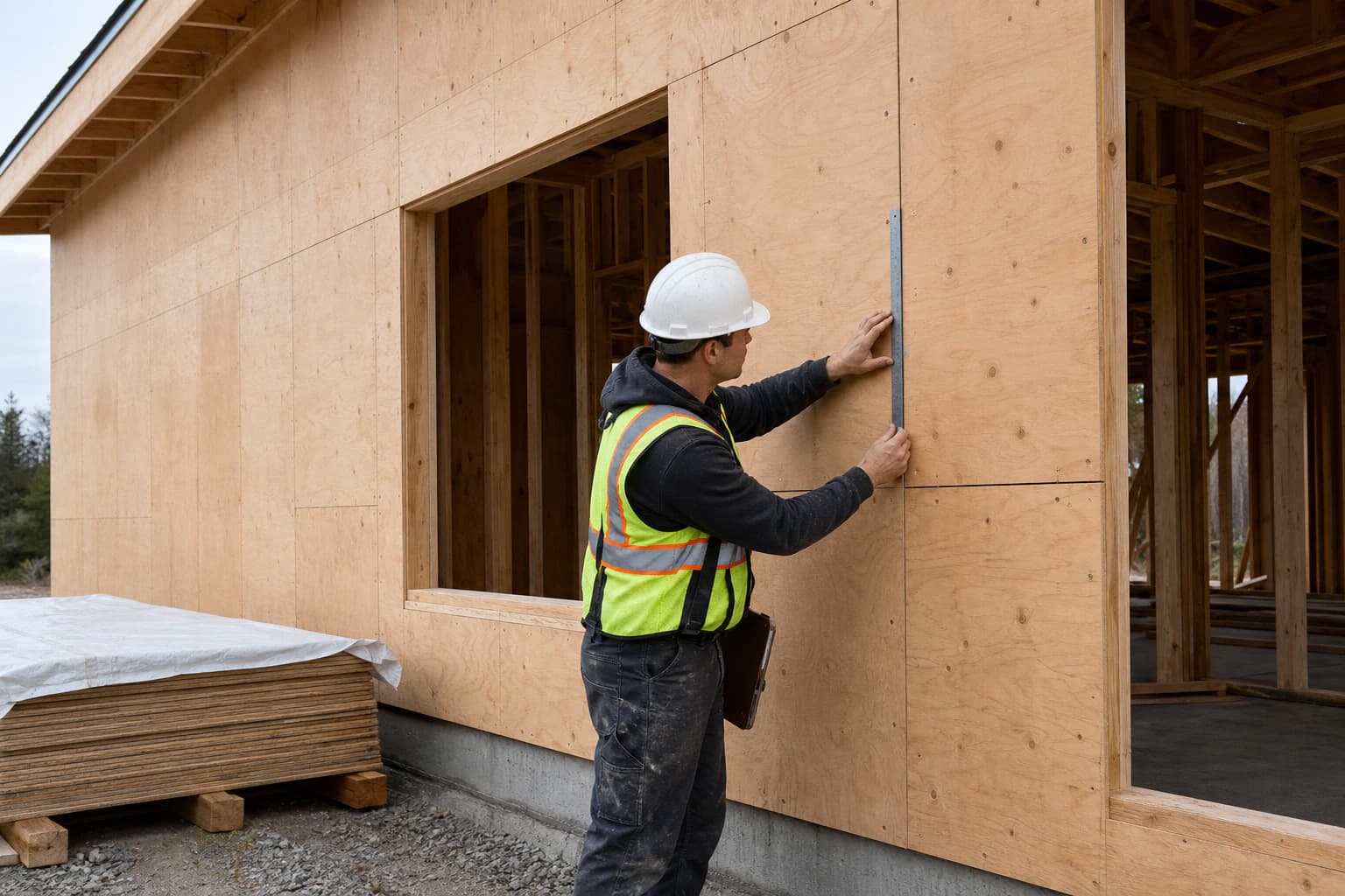 Site inspector checking supported plywood wall sheathing, fasteners and framed openings before close-up