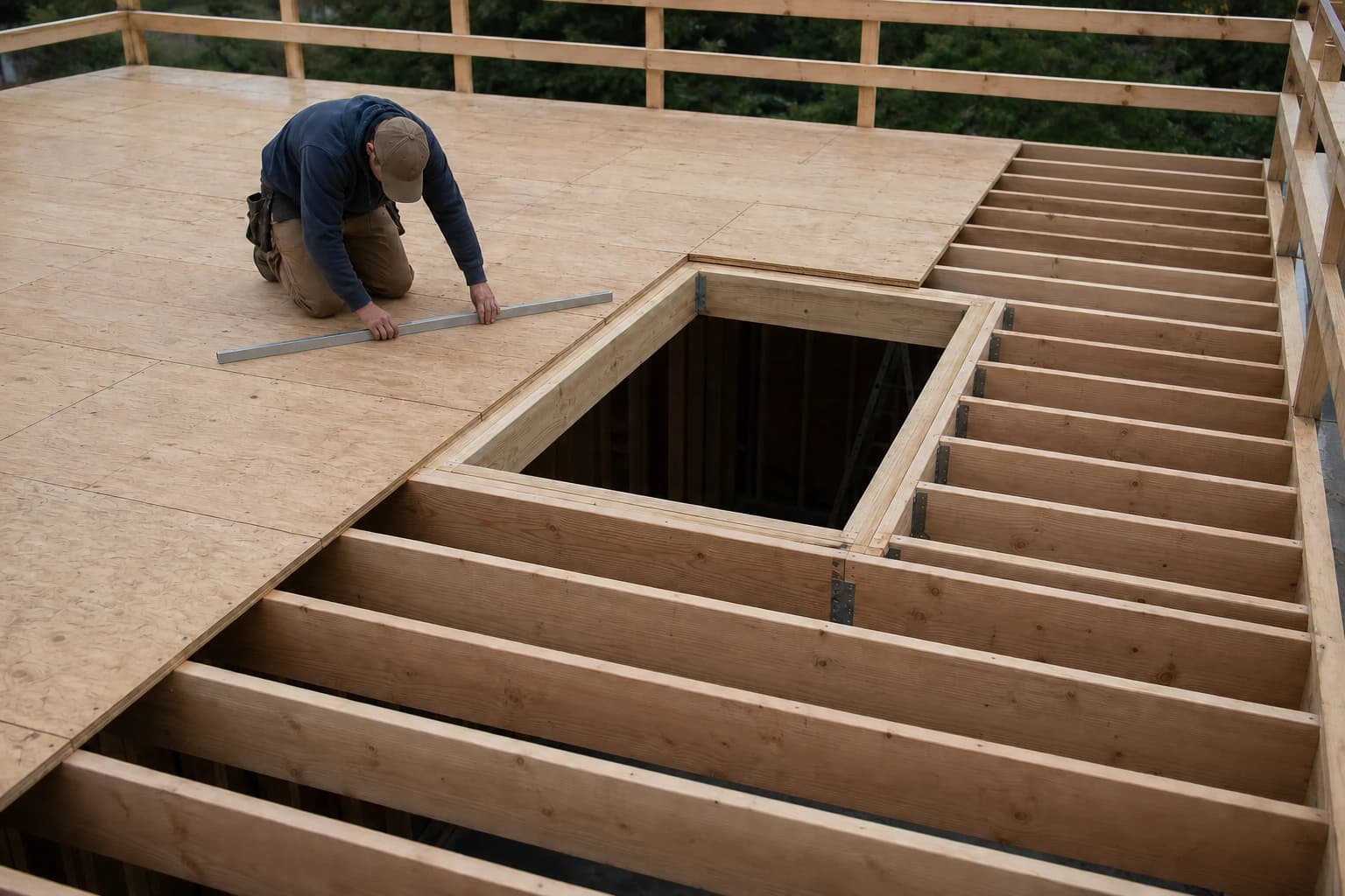 Plywood subfloor panels placed perpendicular to supported timber joists around a framed service opening