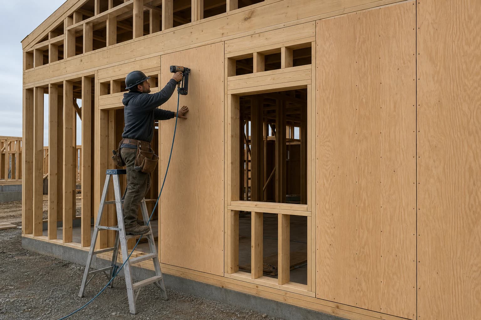 Timber wall frame with plywood sheathing joints fully supported around a framed opening during installation