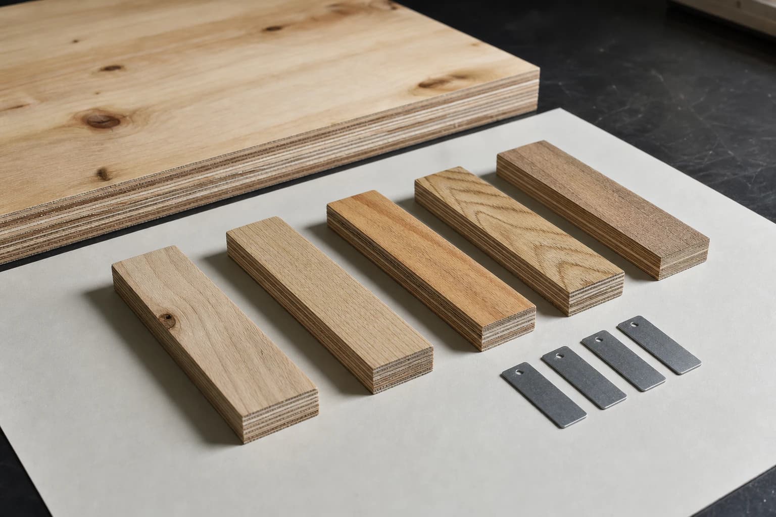 Structural plywood sheet and rectangular test coupons showing grade faces and alternating veneer construction