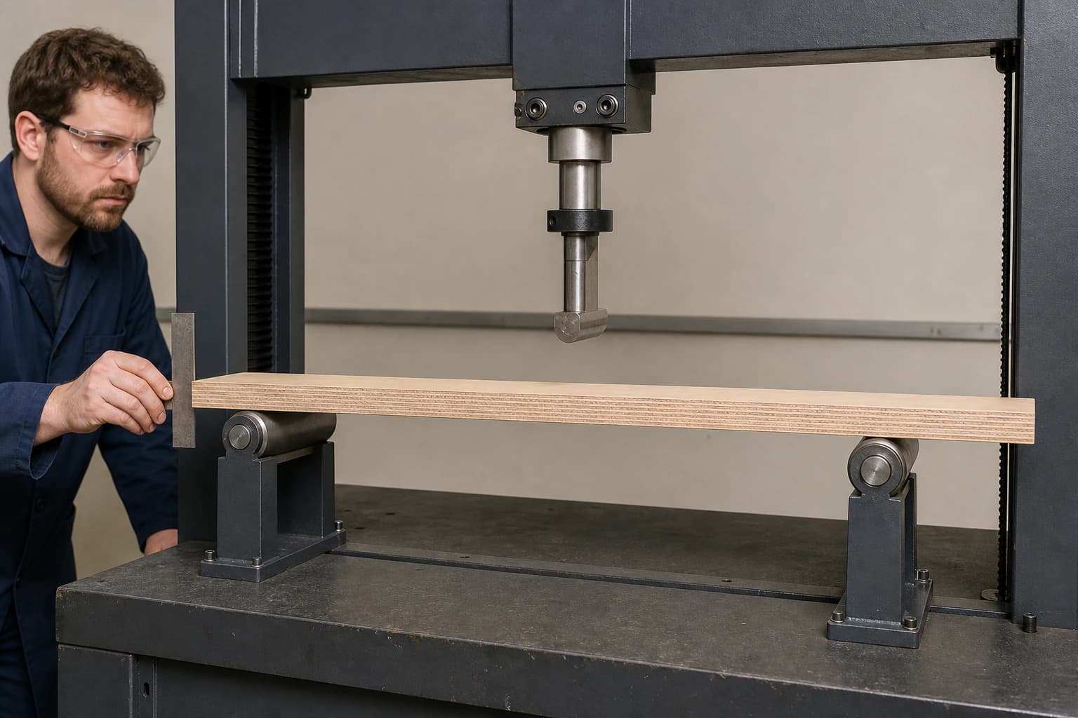 Structural plywood bending specimen aligned across two support rollers beneath a centered loading nose