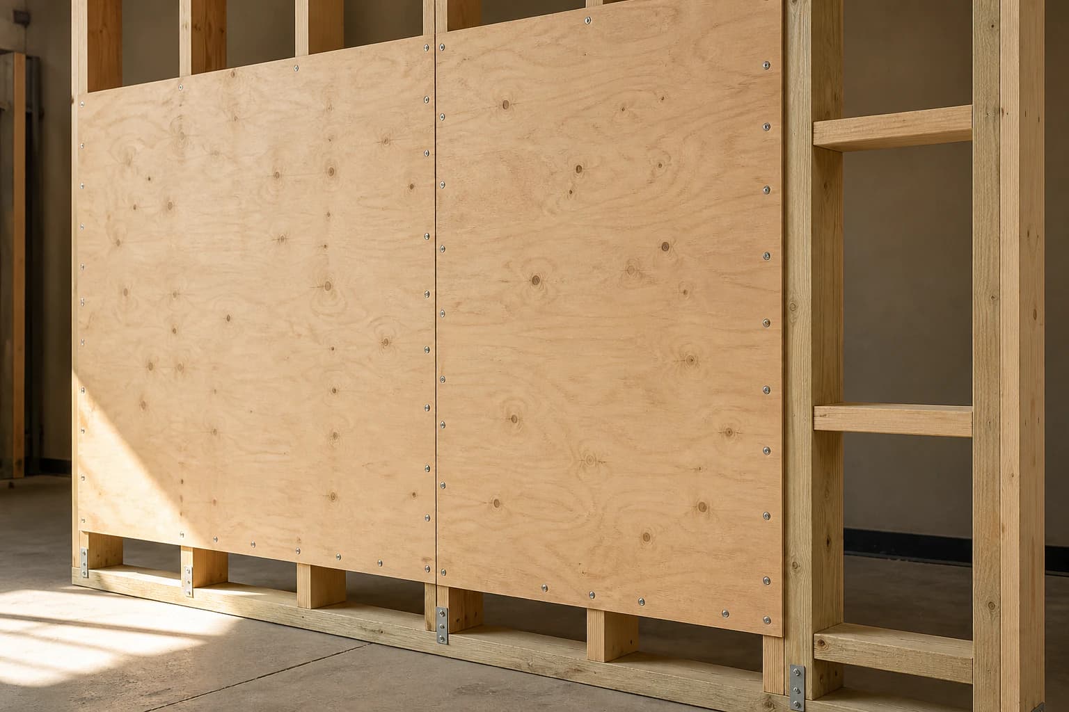 Structural plywood panels fixed to a timber-frame mock-up with supported panel edges and a central joint