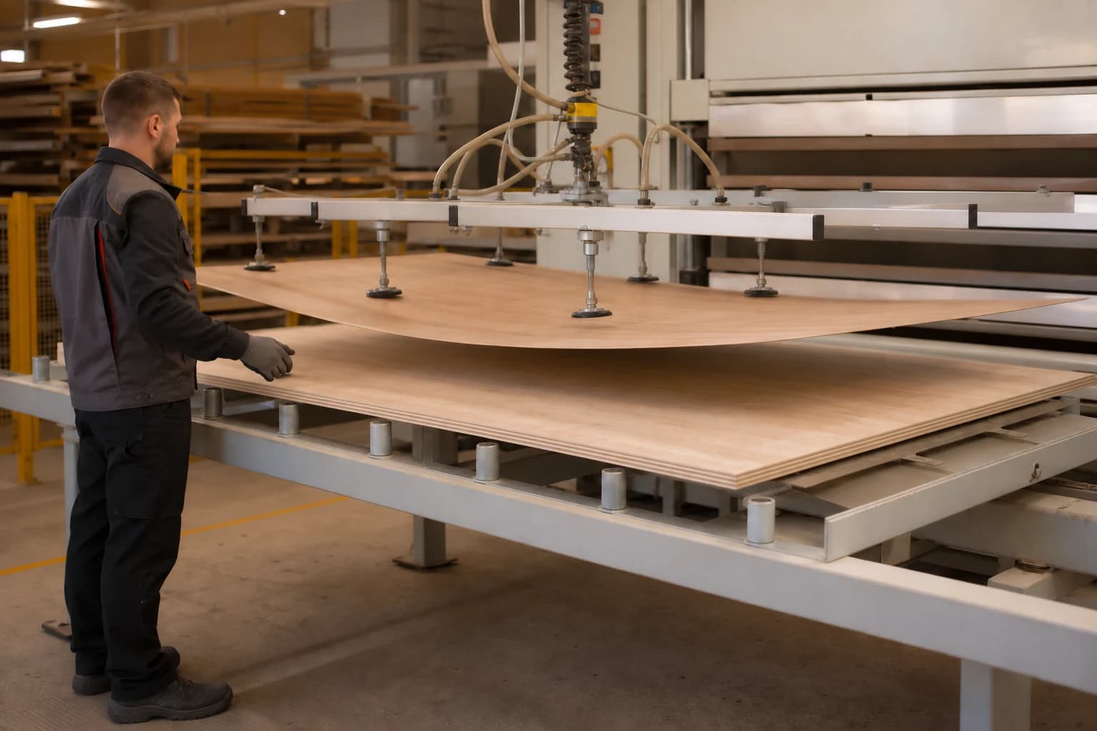 Full plywood substrate supported on a level lamination table while one thin decorative sheet is aligned by a vacuum lifting frame