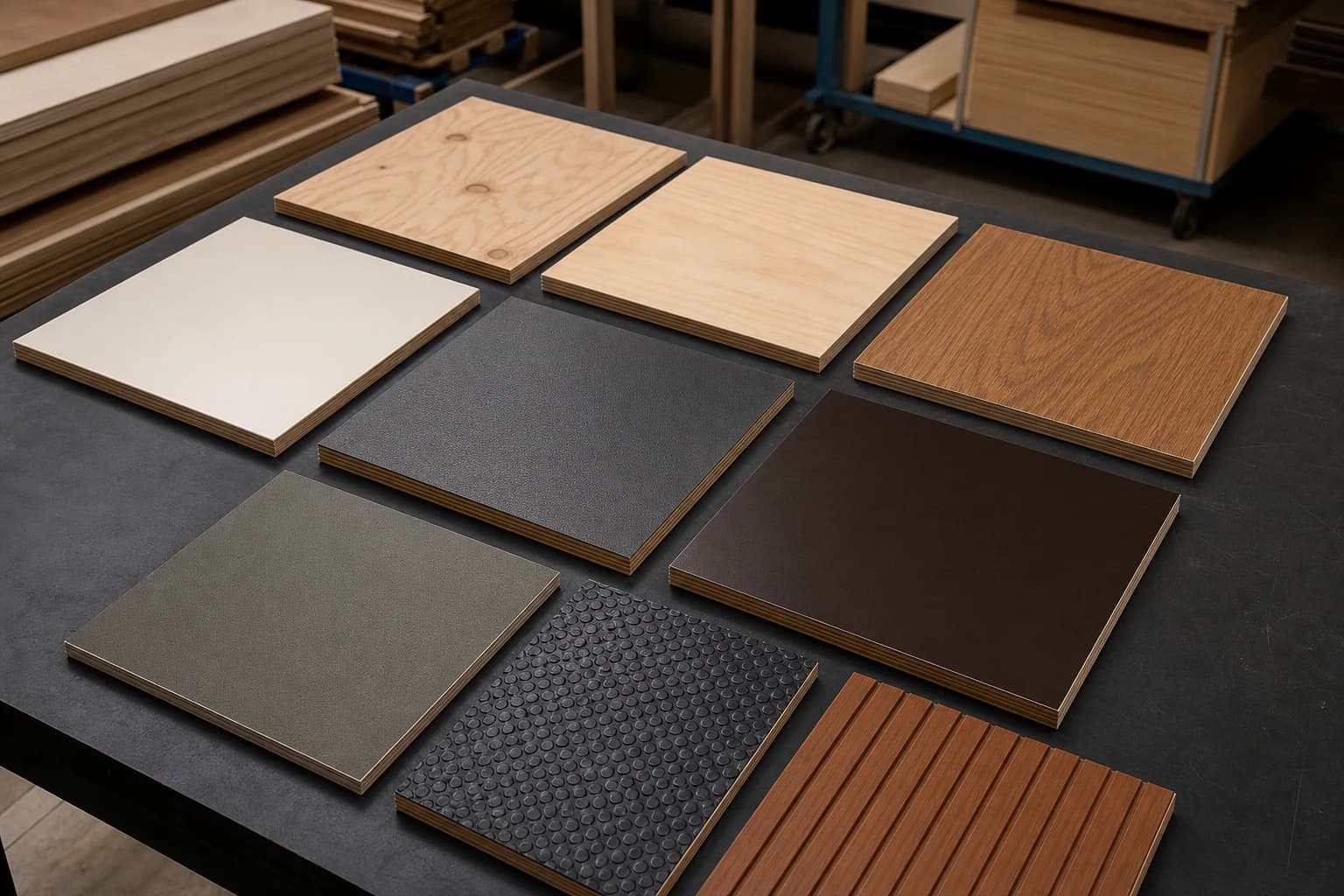 Nine substantial plywood samples showing raw sanded veneer decorative laminate film resin-fibre patterned and grooved surface options on an inspection table