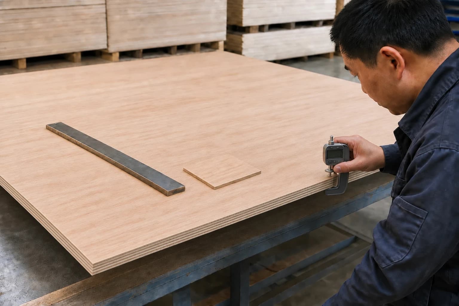 Inspector using a vertical C-frame digital thickness gauge with its upper contact on the panel top and lower anvil under the panel bottom beside a matching surface reference and straightedge